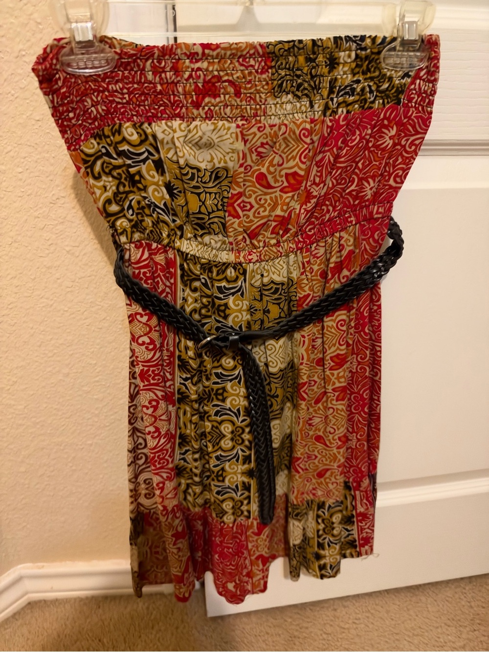 Poetry Strapless Patchwork Midi Dress in Red, Gold, Cream